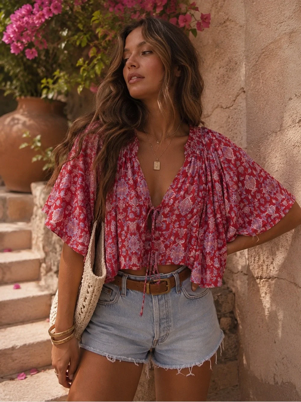 Free People Red Boho Floral Kimono Sleeve Tie Front Crop Blouse Women’s XS